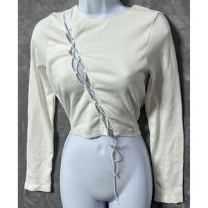 Garage long sleeve crop top medium white lace up front diagonal ribbed NWT